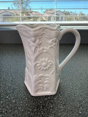 Peppertree Tabletops White Fine Porcelain Pitcher Embossed Floral Cottage Decor